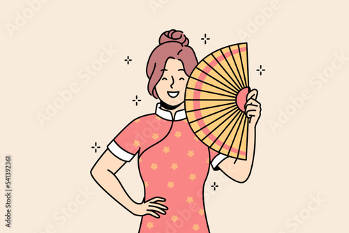 Smiling young Asian woman in traditional dress with hand fan. Happy ethnic girl posing in cultural clothing. Culture and ethnicity. Vector illustration. 