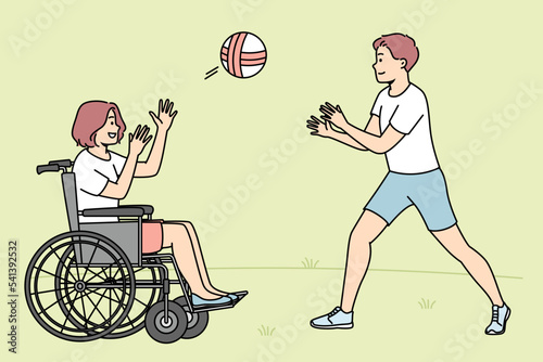 Happy boy playing ball with handicapped girl sitting in wheel chair. Smiling children have fun outdoors. Disability and impairment. Vector illustration. 