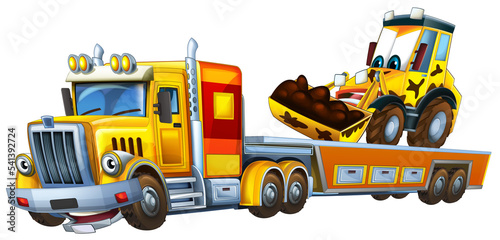 cartoon tow truck driving car excavator illustration
