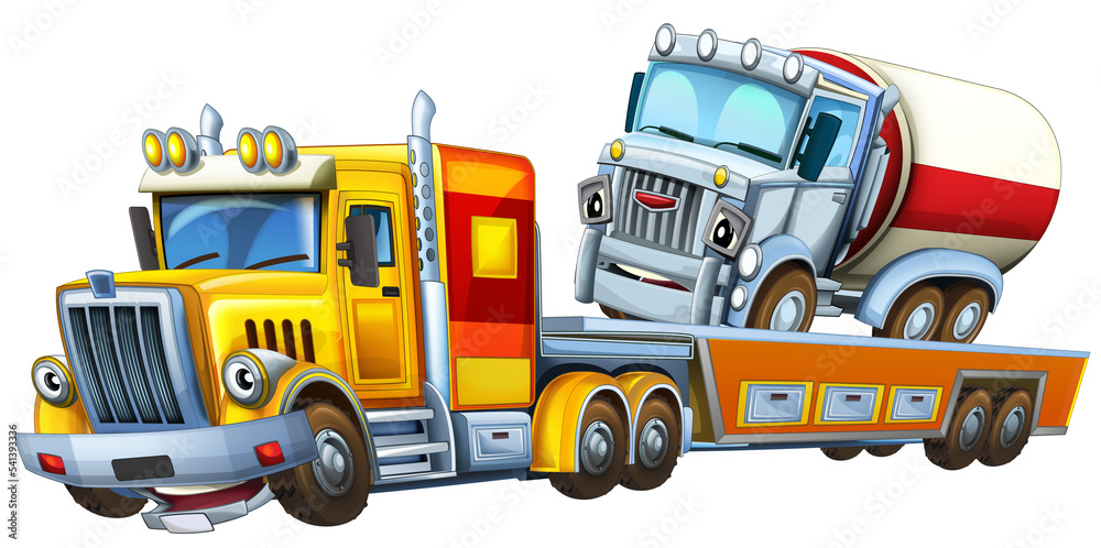 cartoon tow truck driving with load other car cistern