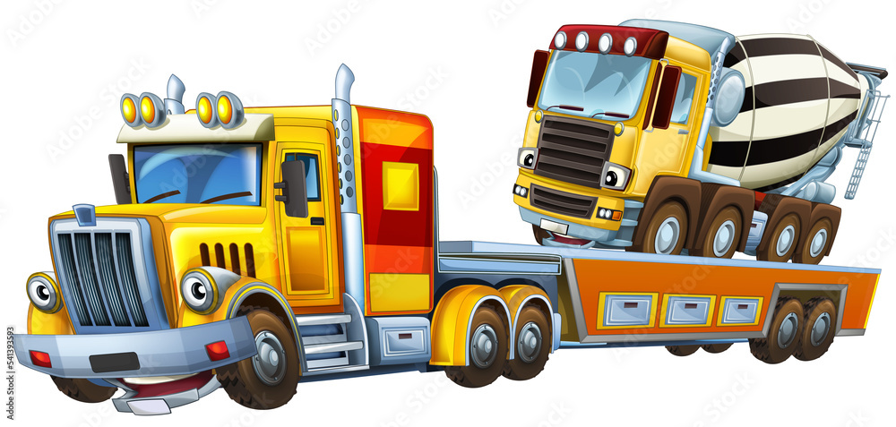 cartoon tow truck driving with car concrete mixer cartoon tow truck driving with car concrete mixer