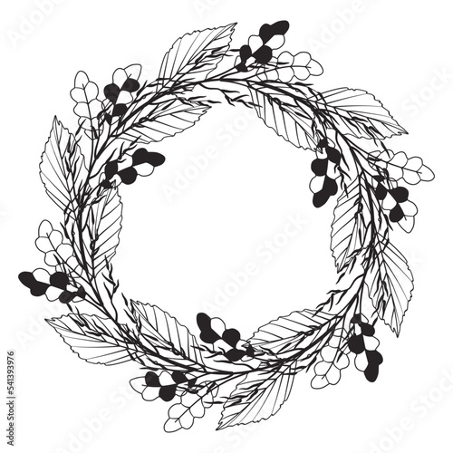 Lush wreath with various foliage. Round flower border. Frame of leaves, branches. Outline drawing. Design element, farmhouse decoration. Vector illustration isolated on white background. Circle twigs