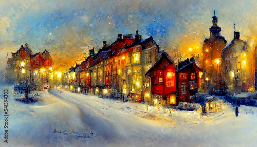 Winter city with houses in snow decorated for Christmas. Digital art and Concept digital illustration.