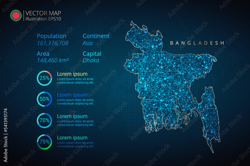 Bangladesh map infographics vector template with abstract geometric mesh polygonal light concept on blue background. Template for diagram, graph, presentation and chart