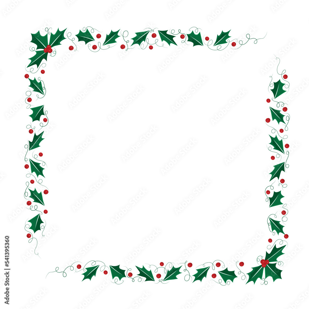 Christmas rectangular frame with holly leaves, border of Christmas