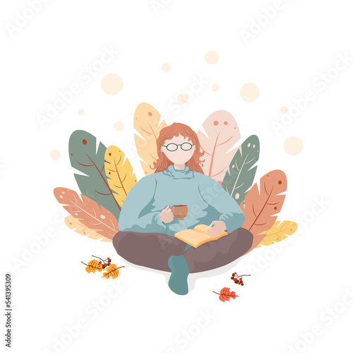 A nice and cozy time for a girl to relax with a cup of coffee
or tea in your hands and a book in the style of Hugge