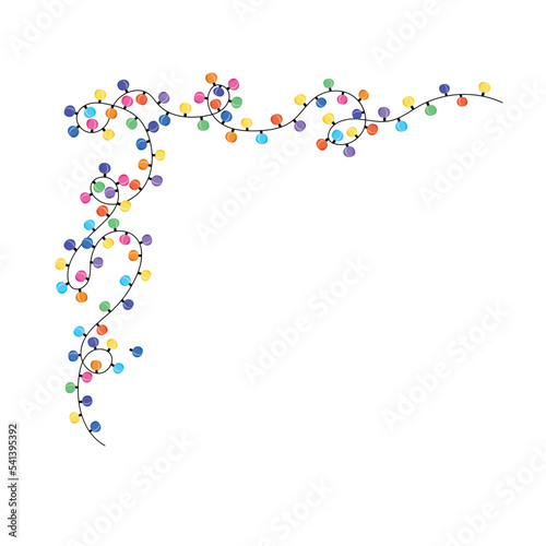 Christmas corner border of Christmas garland, frame of Christmas colored lights garland