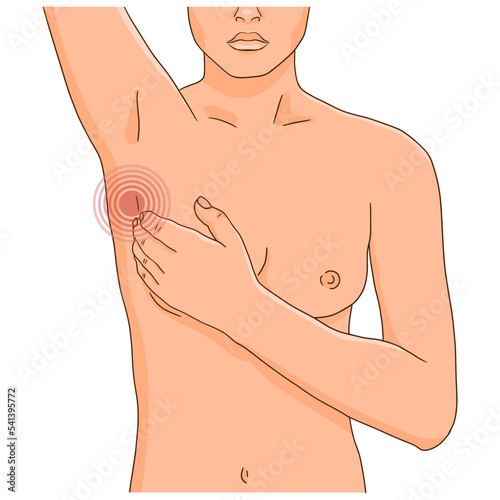 Woman performing monthly breast check for tumor and lump. Breast self exam,  Pain sign.