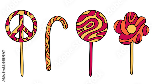 Hippie groovy lollipops with wave pattern. Vector set