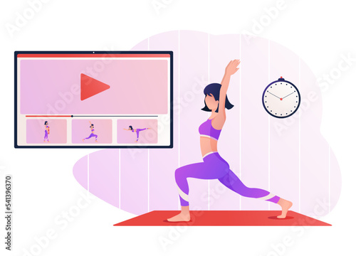 Online exercise class on a digital tablet with a young woman showing exercises. Sports video. Sit at home, stay fit and positive. Physical activity, healthy lifestyle vector illustration