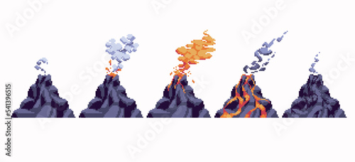 Volcanic eruption stages pixel art set. Flowing lava, swirling smoke, black mountain collection. 8 bit sprite. Game development, mobile app.  Isolated vector illustration.