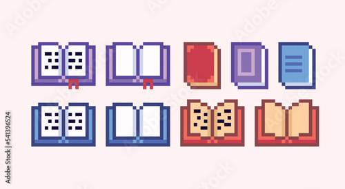 Open and closed book pixel art set. Textbook collection. Ancient folio. 8 bit sprite. Game development, mobile app.  Isolated vector illustration.