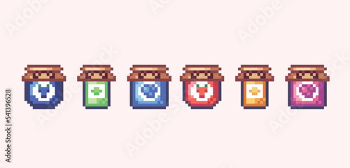 Jam assortment jars pixel art set.  Fruit jelly packaging collection. Sweet preserves 8 bit sprite. Game development, mobile app.  Isolated vector illustration.