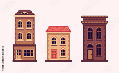 European old house pixel art set. Historic town architecture collection. 8 bit sprite. Game development, mobile app.  Isolated vector illustration.