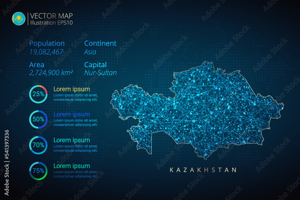 Kazakhstan map infographics vector template with abstract geometric mesh polygonal light concept on blue background. Template for diagram, graph, presentation and chart