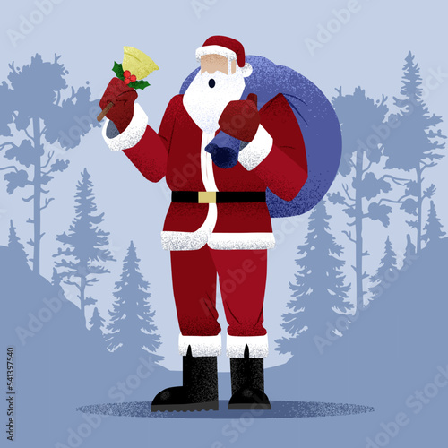 Santa Claus with gift bag and bell, gift card, flat design, vector particles, grain effect