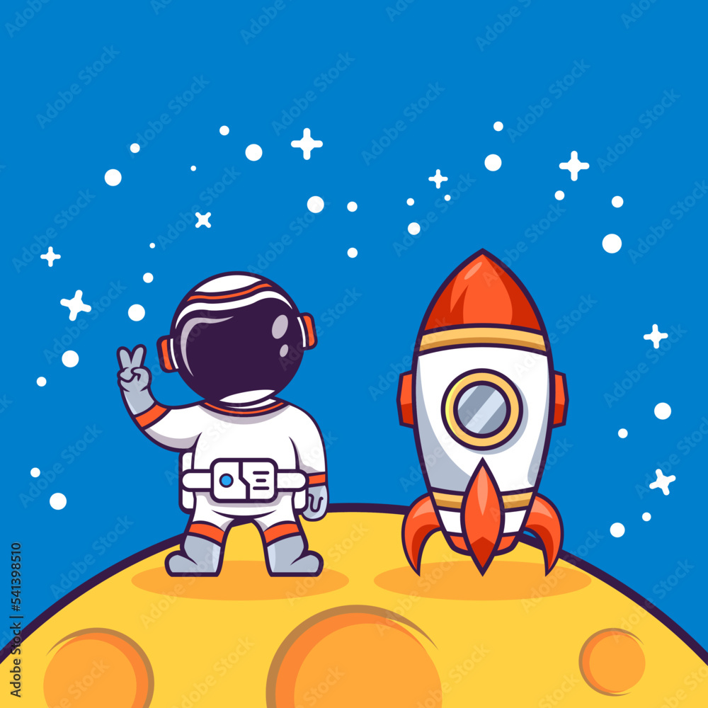 Cute Cartoon Astronaut on the moon with rocket vector illustration Cute Cartoon Astronaut on the moon with rocket vector illustration