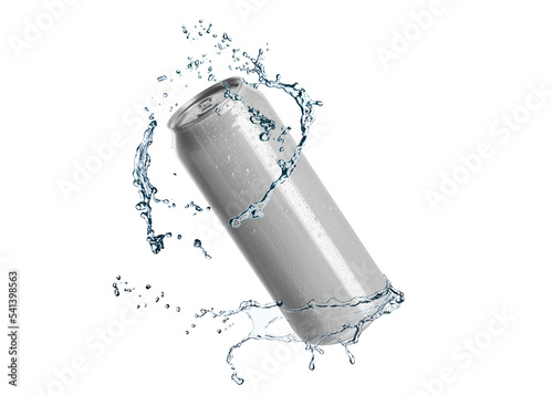 Aluminum can with splash of water on white background