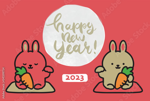 年賀状テンプレート 2023年 卯年 招きうさぎのベクターイラスト happynewyear 赤色背景