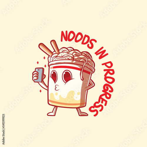 Noodles package character taking a selfie vector illustration. Food, funny, communication design concept.