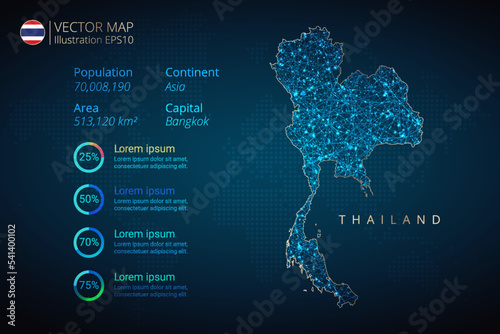 Thailand map infographics vector template with abstract geometric mesh polygonal light concept on blue background. Template for diagram, graph, presentation and chart