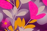 pink yellow and grey 2d illustrated flowers with leaves pattern on pink background