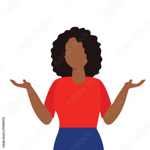 African American woman in red t shirt shrug. Say I don't know. Say oops.