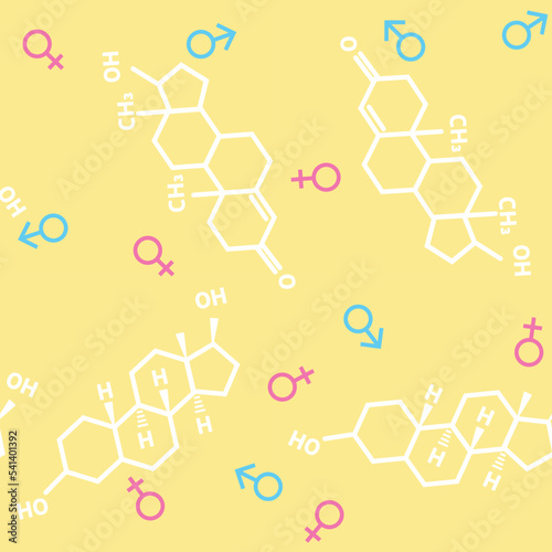 Seamless background with gender symbols intertwined female and male and hormones testosterone and estrogen. Vector illustration.