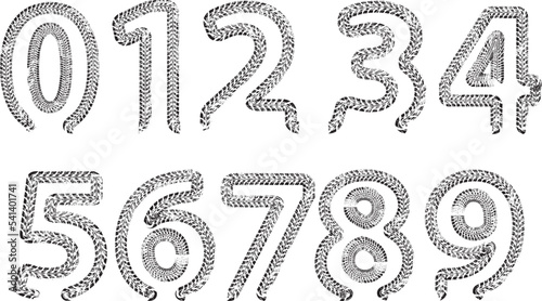 Tyre track numbers . Grunge texture . Screen print . Vector tire track alphabet numbers. Car tread silhouette . Tyre print .Wheel tire track. Traces of tires.
