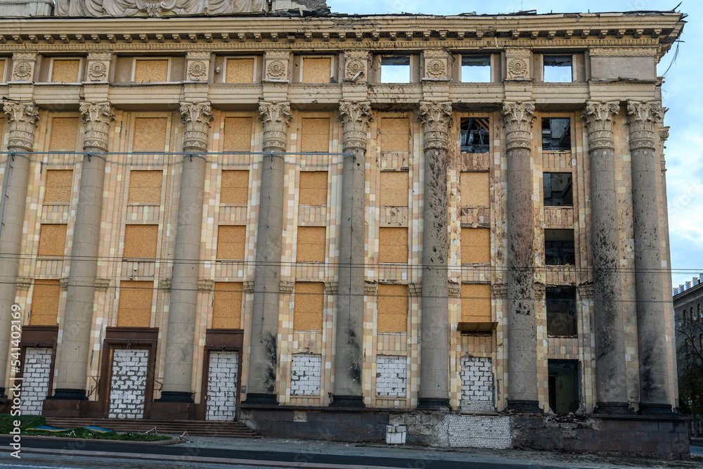 Naklejka premium Damaged facade of Kharkiv Region State Administration building after the russian missiles shelled in Kharkiv, Ukraine,