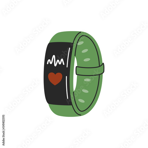 Fitness tracker. Smart watch bracelet for counting steps and measuring pulse. Sport accessory. Hand drawn colored vector illustration isolated on white background. Modern flat cartoon style