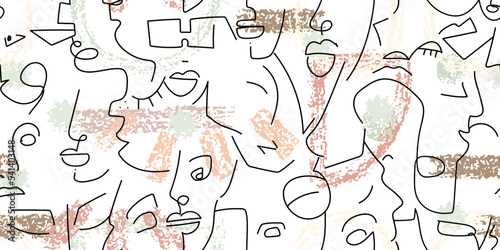 One line drawing. Abstract face seamless pattern.