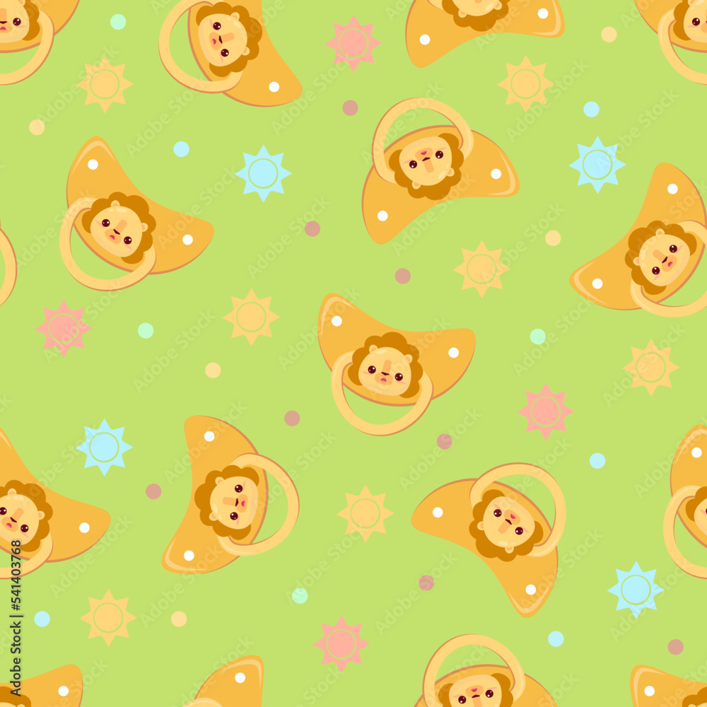 Seamless children's pattern on a green background. A dummy with a lion. Pacifier for children