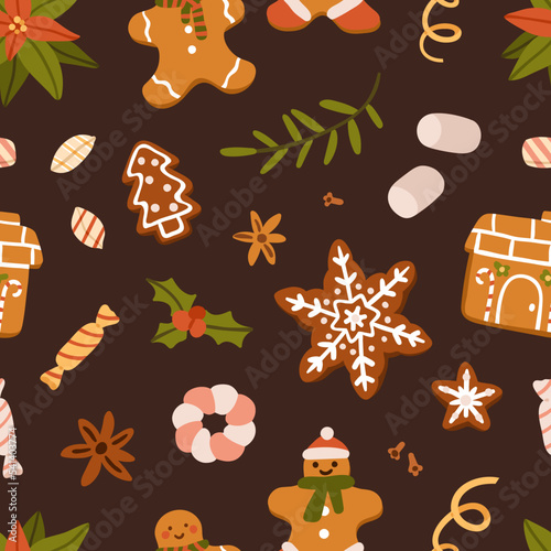 Christmas cookies pattern. Seamless background with gingerbread man, ginger biscuits, candies, Xmas sweets, spices. Winter holiday bakery and treats, repeating print. Colored flat vector illustration