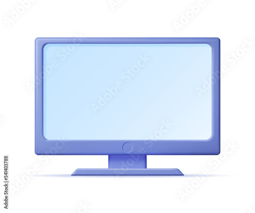 3d Cartoon PC Monitor Isolated. Render Computer LCD Display Mock Up with Blank Screen. Flat TV Icon. Technology Concept. 3D rendering. Minimal Vector Illustration