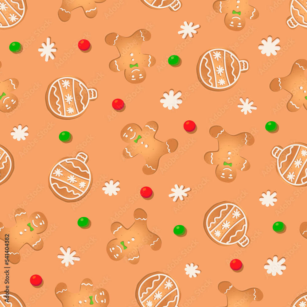 Seamless pattern with ginger cookies on a brown background. Gingerbread man, New Year's ball, snowflake