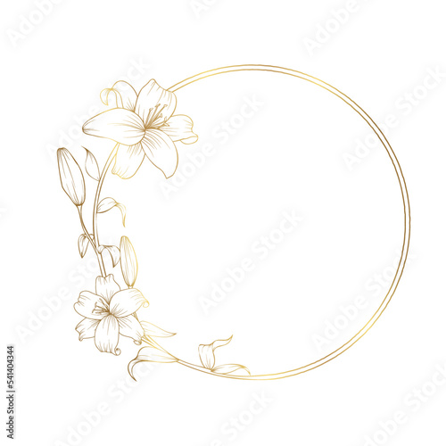 Hand drawn golden lily flower double round wreath in cute doodle style. Luxury elegant vector illustration for wedding invitations, birthday, quotes, thank you card, cosmetics. Copy space for text.