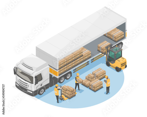 loading pallets box forklift isometric warehouse truck cardboard box in logistics business delivery truck isolate