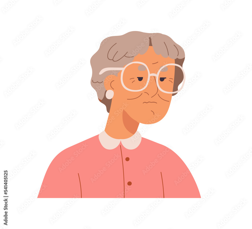 Elderly woman with wrinkled face portrait. Senior old female character in eyeglasses, head avatar. Sad gray-haired person in round glasses. Flat vector illustration isolated on white background