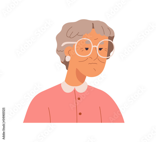 Elderly woman with wrinkled face portrait. Senior old female character in eye...