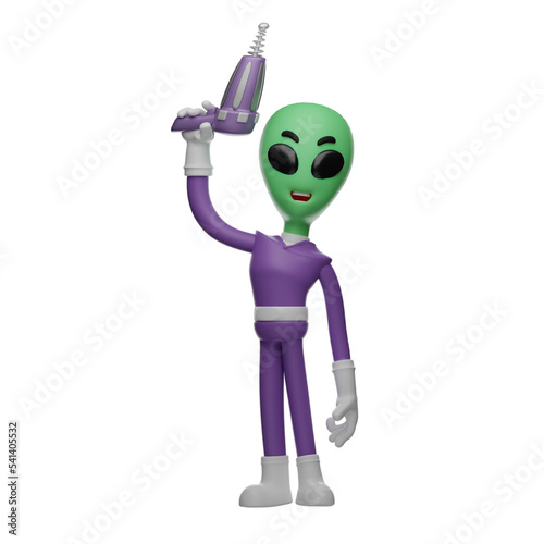  3D illustration. Funny 3D Alien Cartoon Character with smiling face. holding solder in hand. in a strange pose. 3D Cartoon Character
