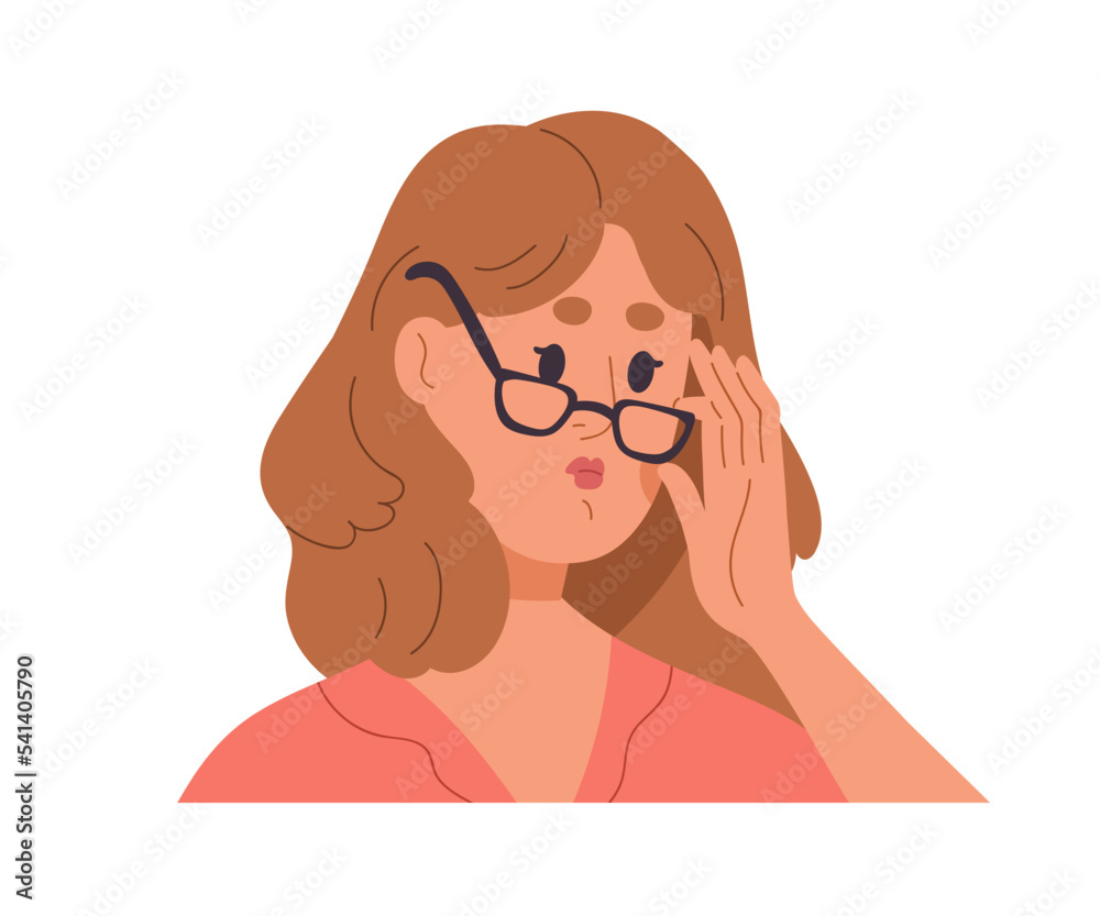 Woman in eyeglasses with strict face expression. Annoyed discontent teacher with negative emotion. Female putting off glasses, eyewear to look. Flat vector illustration isolated on white background