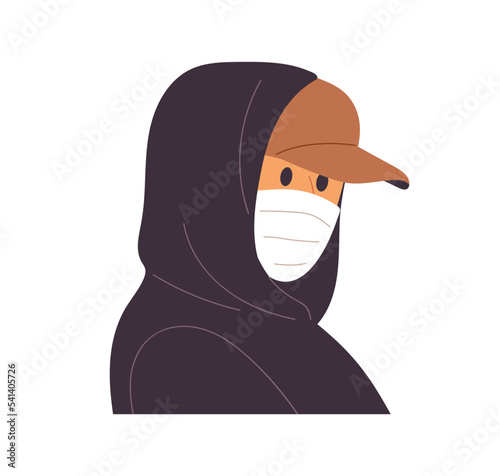 Anonymous person wearing medical mask, cap, hood. Incognito hiding face. Secret suspicious man portrait. Unrecognized unidentified human. Flat vector illustration isolated on white background photo