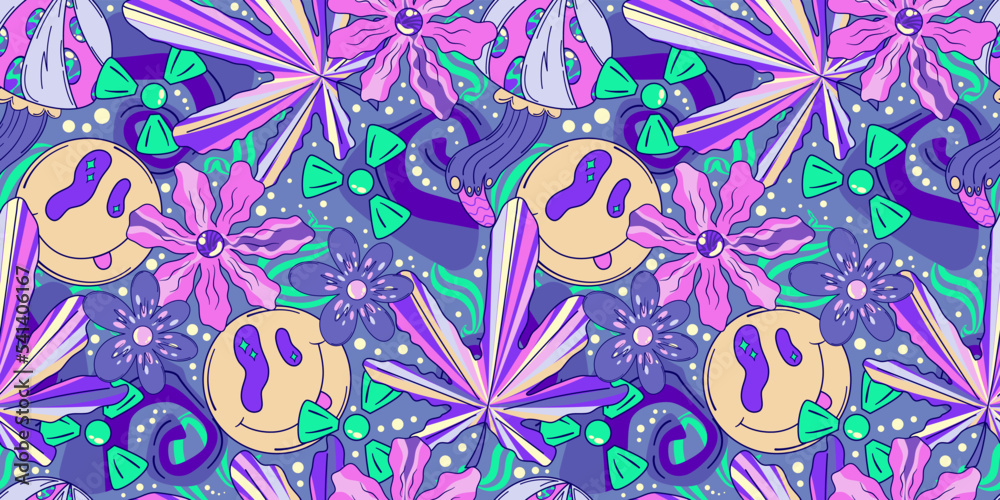 Trippy seamless pattern with round smile. Crazy heart abstract. Doodle vector seamless pattern. Magic alien trippy design