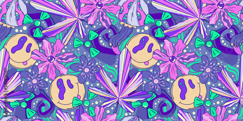 Trippy seamless pattern with round smile. Crazy heart abstract. Doodle vector seamless pattern. Magic alien trippy design