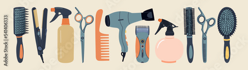 Set of hairdressing accessories. Hairdryer, hairbrush, razor, scissors and different professional tools for barbershop. Hand drawn colored vector illustration isolated on color background.