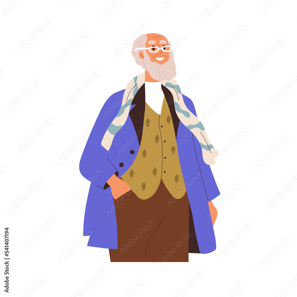 Happy senior man in glasses. Elderly aged person smiling. Excited old male character in eyeglasses and modern apparel, outfit with scarf and vest. Flat vector illustration isolated on white background