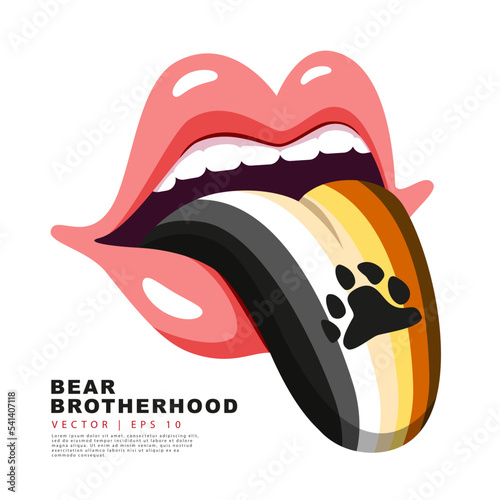 Pale pink lips with a protruding tongue painted in the colors of the bear brotherhood flag. A colorful logo of one of the LGBT flags. Sexual identification. Vector illustration photo