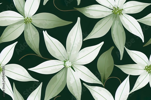 Vintage white flowers and green foliage seamless ornament. 2d illustrated illustration.
