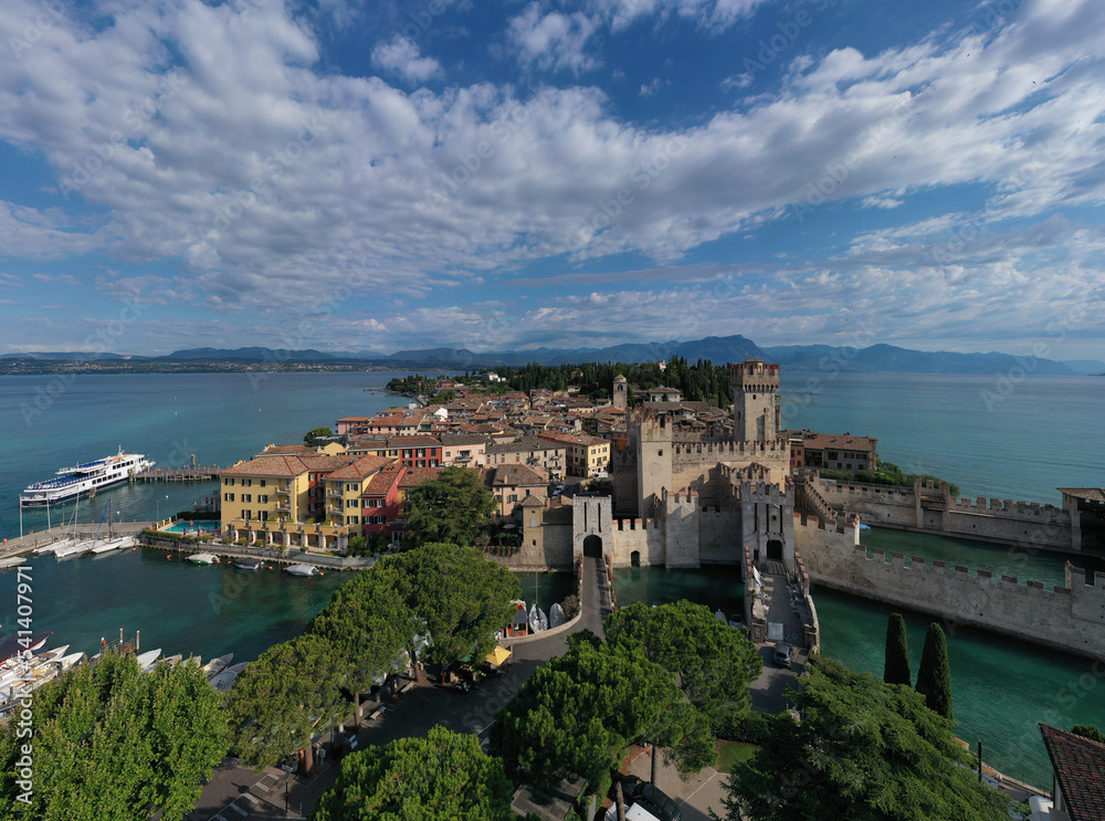panoramic aerial view of the Sirmione peninsula located on Lake Garda, Italy.